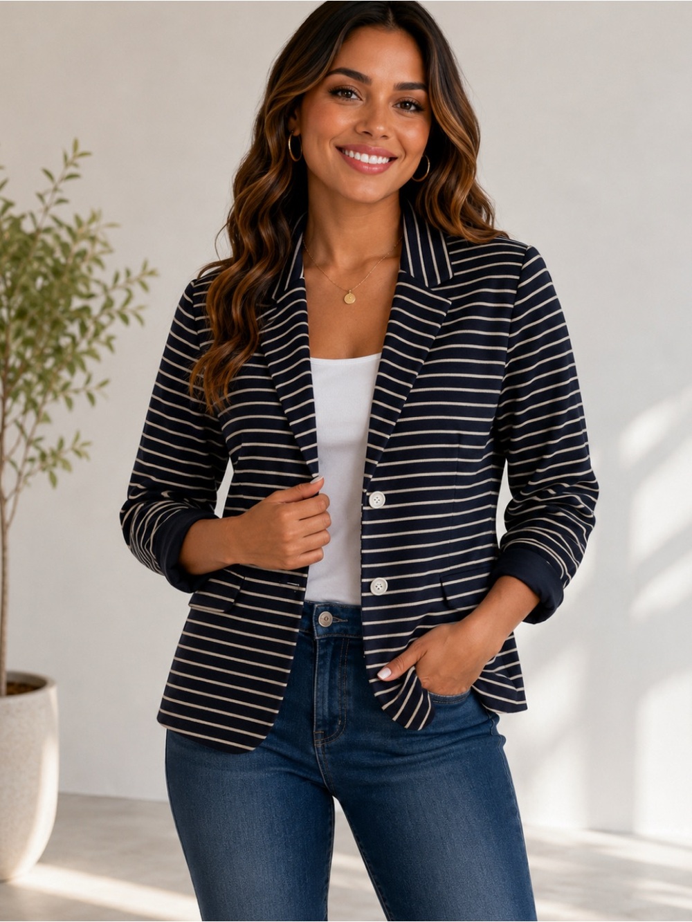 1901 Navy and White Striped Blazer - Classic Tailored Fit